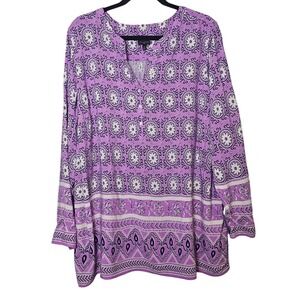 Talbots 3XL Blouse Tunic Top Purple Long Sleeve Flowy‎ Rayon Border Print Boho